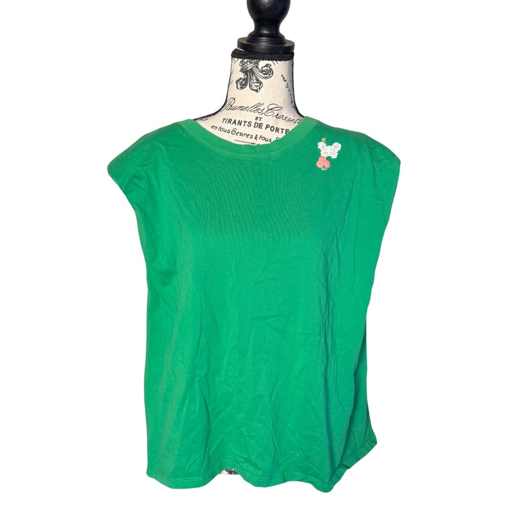 Aritzia Babaton Green Women's Shoulder Pad Top with Button & Butterfly Detail Lg